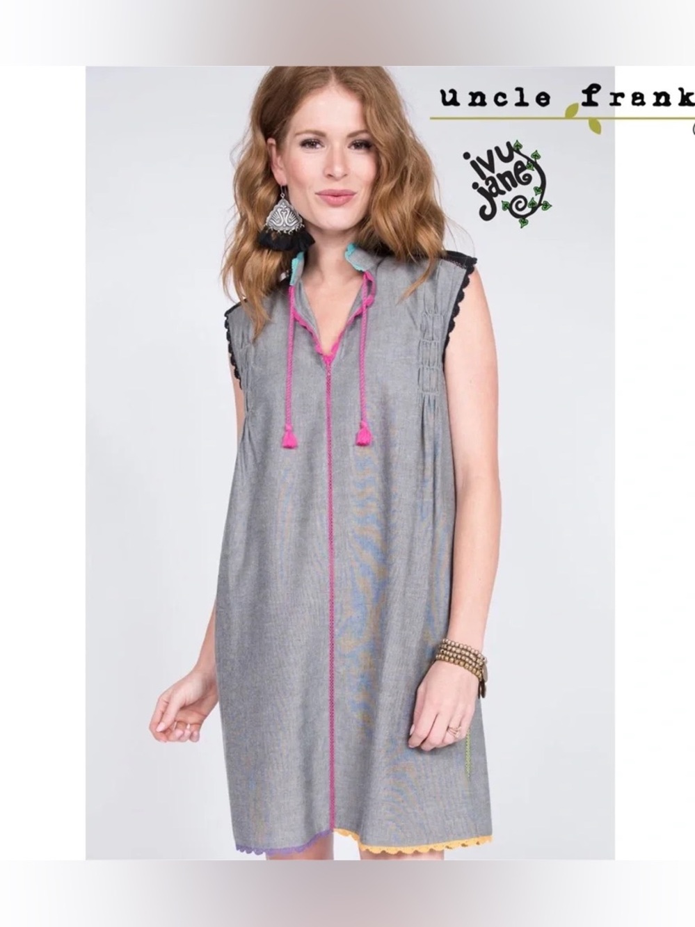Uncle Frank dress cotton sleeveless collar tie front tassel lace colorful trim